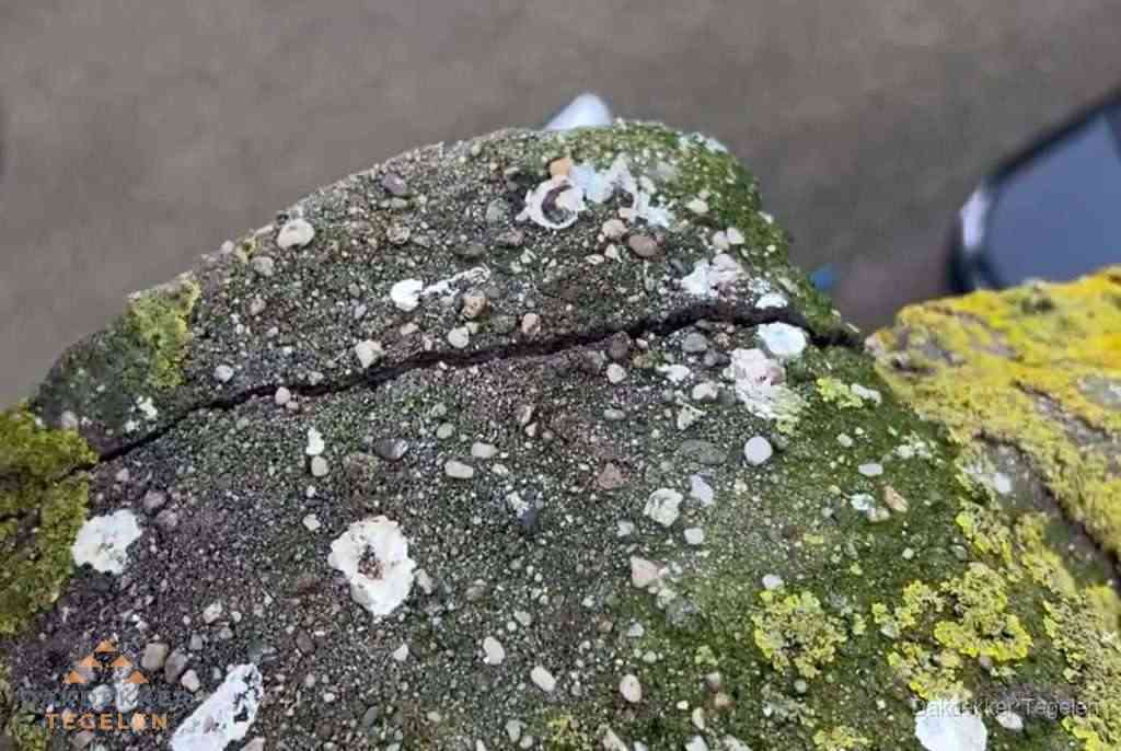 Beschadigde en verweerde nokvorst met scheuren en mos in Tegelen